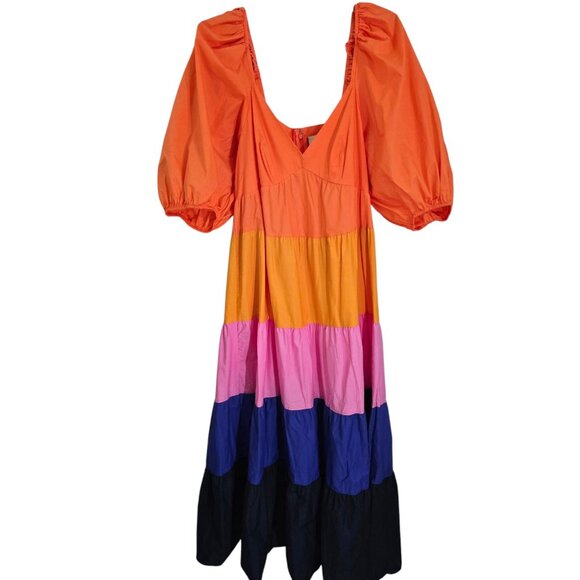 Farm Rio Anthropologie Womens Tiered Colorblock Maxi Dress Size M Cotton‎ NWT - Picture 2 of 10